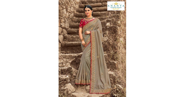 Grey Silk Saree Yellow Dupion Blouse With Stone Work YDS127SF –  ShreeFashionWear