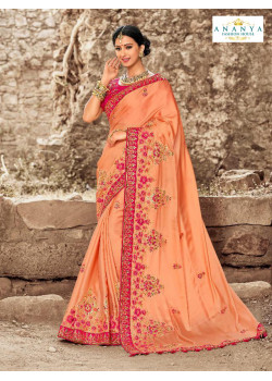 Flamboyant Peach Satin Silk Saree with Magenta Blouse