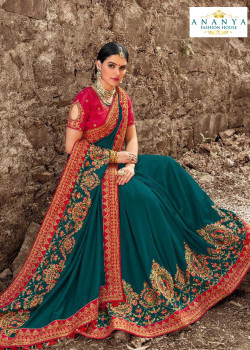 Trendy Turquiose Russian Silk Saree with Magenta Blouse