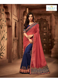 Classic Pink- Blue Silk Saree with Blue Blouse
