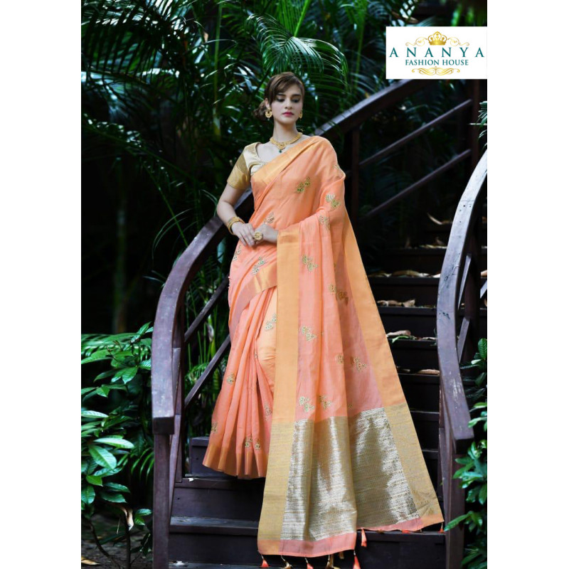 Classic Peach Silk Saree with Gold Blouse