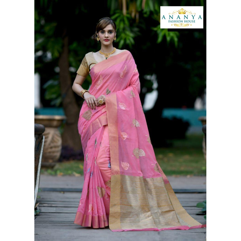 Enigmatic Pink Silk Saree with Gold Blouse