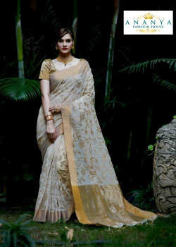 Plushy White Silk Saree with Gold Blouse