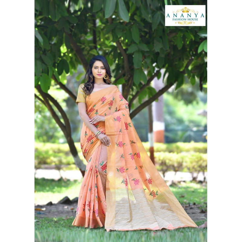 Trendy Orange Silk Saree with Gold Blouse