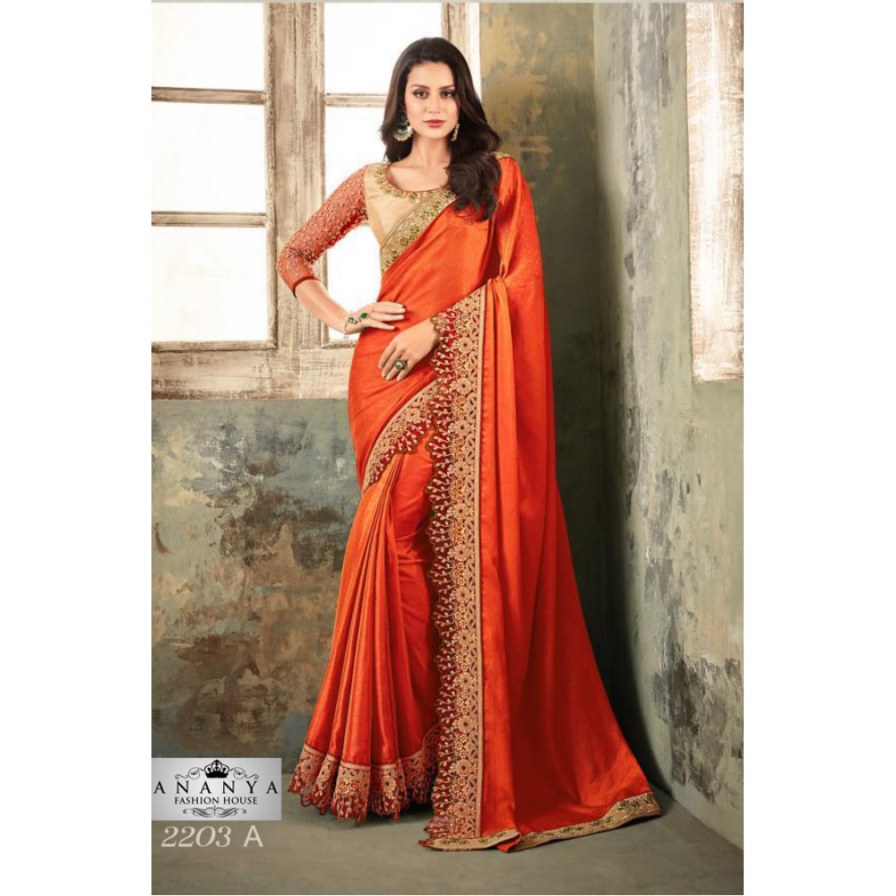 Buy Swtantra Spanish Orange Satin with Golden Piping and Unstitched Blouse  online