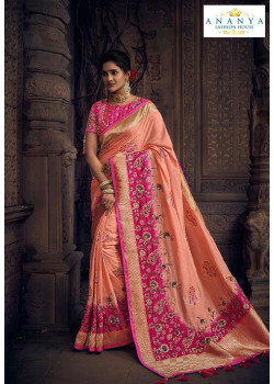 Enigmatic Peach Silk Saree with Pink Blouse