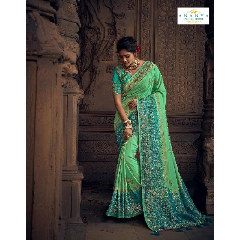 Exotic Green- Blue Silk Saree with Blue Blouse