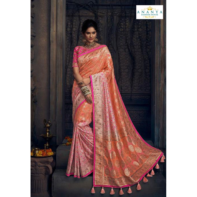 Gorgeous Peach Silk Saree with Pink Blouse