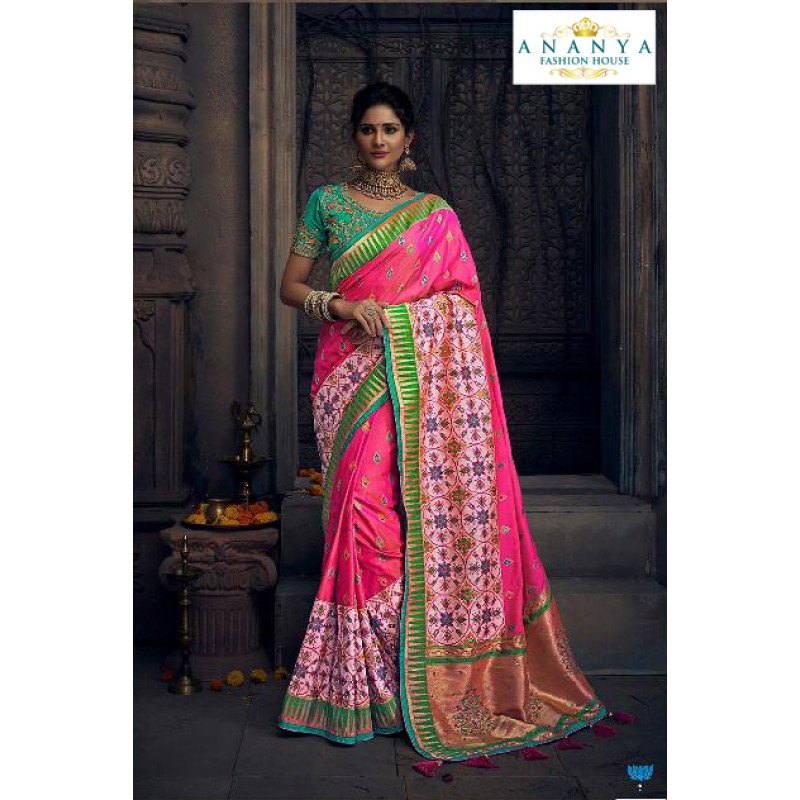 Melodic Pink Silk Saree with Sea Green Blouse