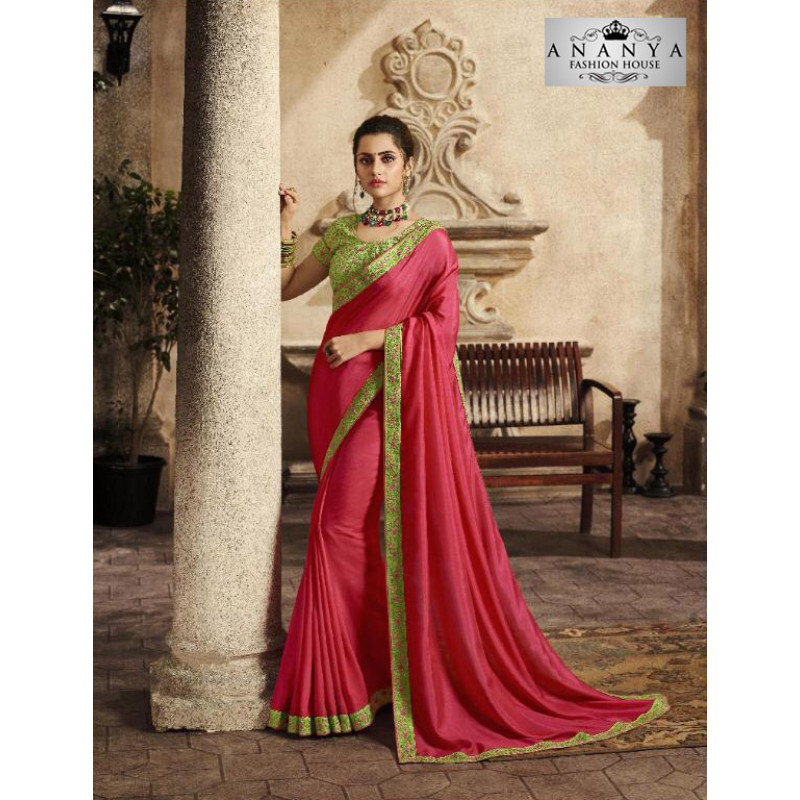 Charming Pink Silk Saree with Green Blouse