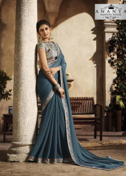 Flamboyant Blue Silk Saree with Grey Blouse