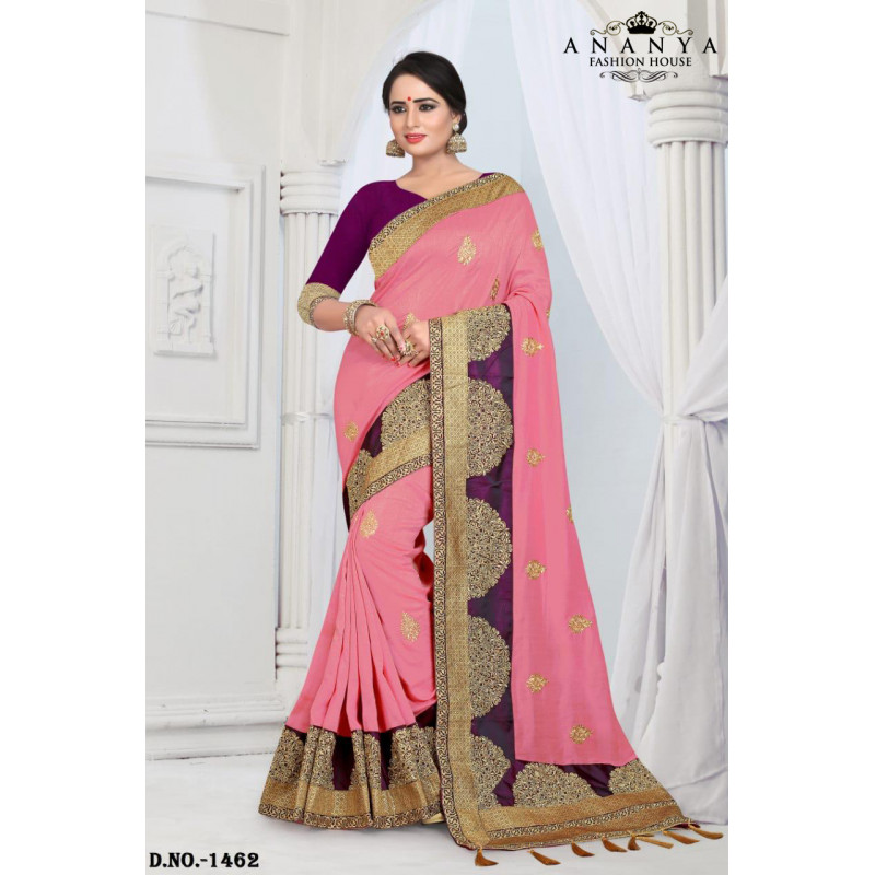Classic Pink Silk Saree with Violet Blouse