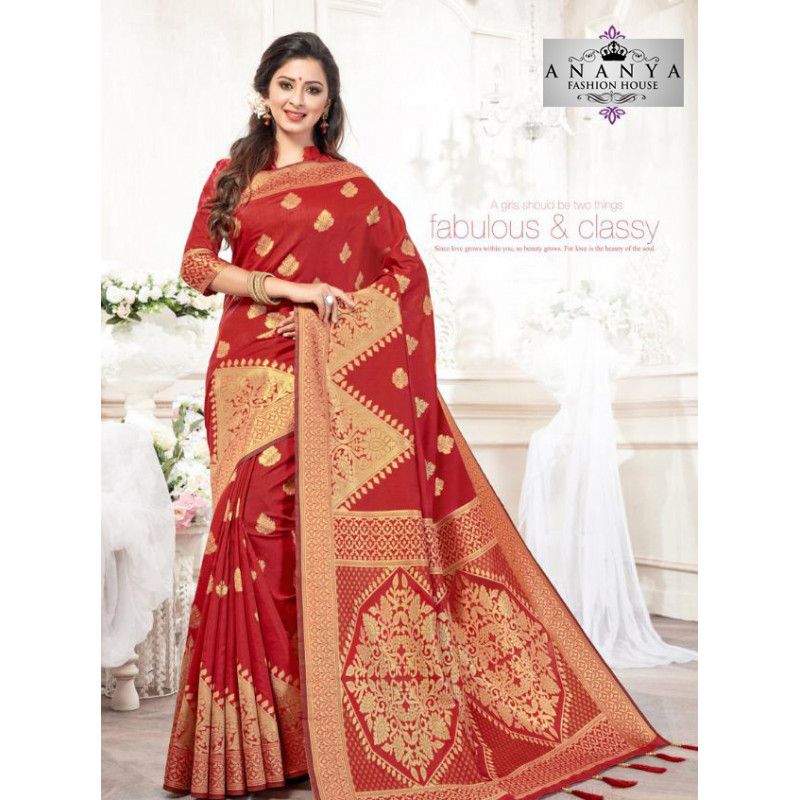 Adorable Red Silk Saree with Red Blouse