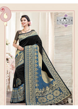 Enigmatic Black- Blue Silk Saree with Grey Blouse