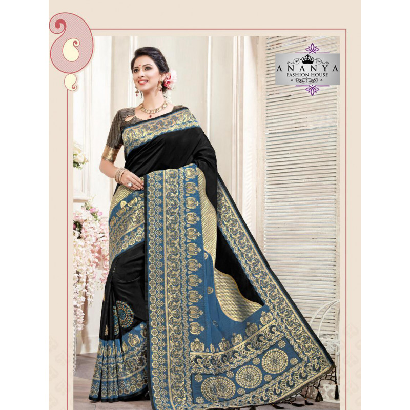 Enigmatic Black- Blue Silk Saree with Grey Blouse