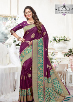 Magnificient Violet- Green Silk Saree with Violet Blouse