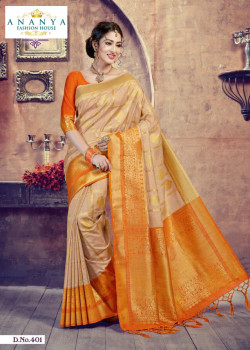 Flamboyant Beige- Orange Silk Saree with Orange Blouse