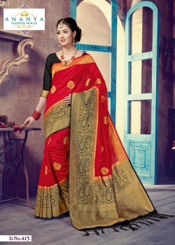 Magnificient Red- Black Silk Saree with Black Blouse