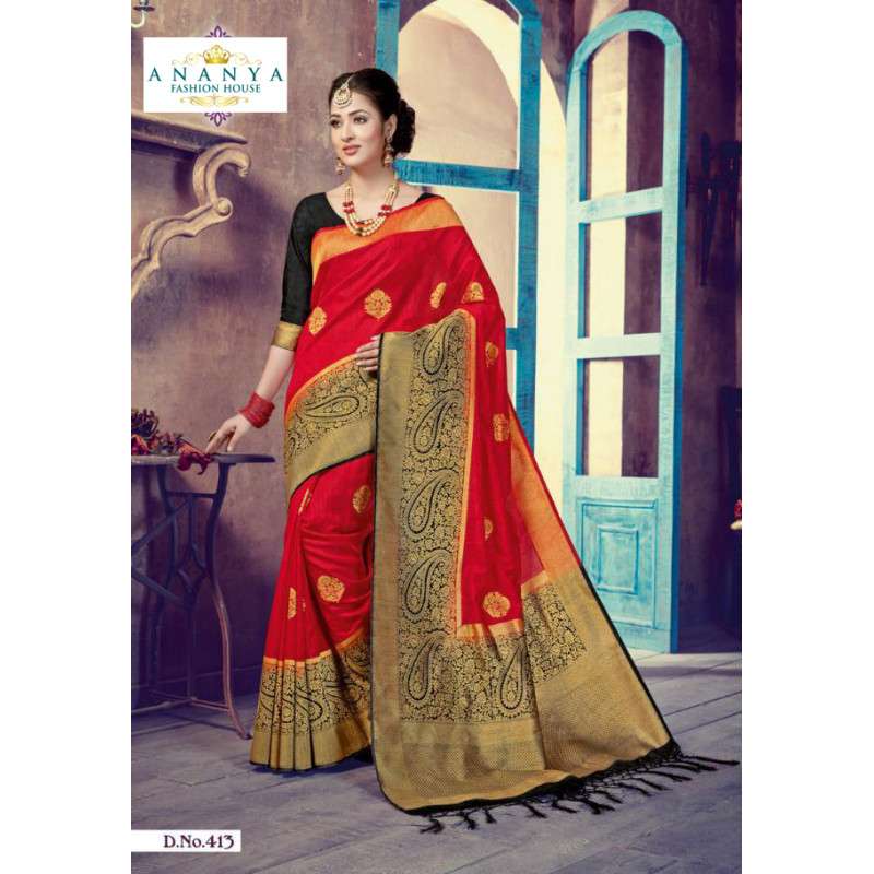 Magnificient Red- Black Silk Saree with Black Blouse