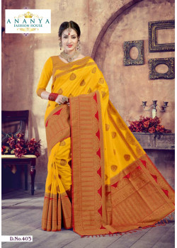 Trendy Yellow- Red Silk Saree with Yellow Blouse