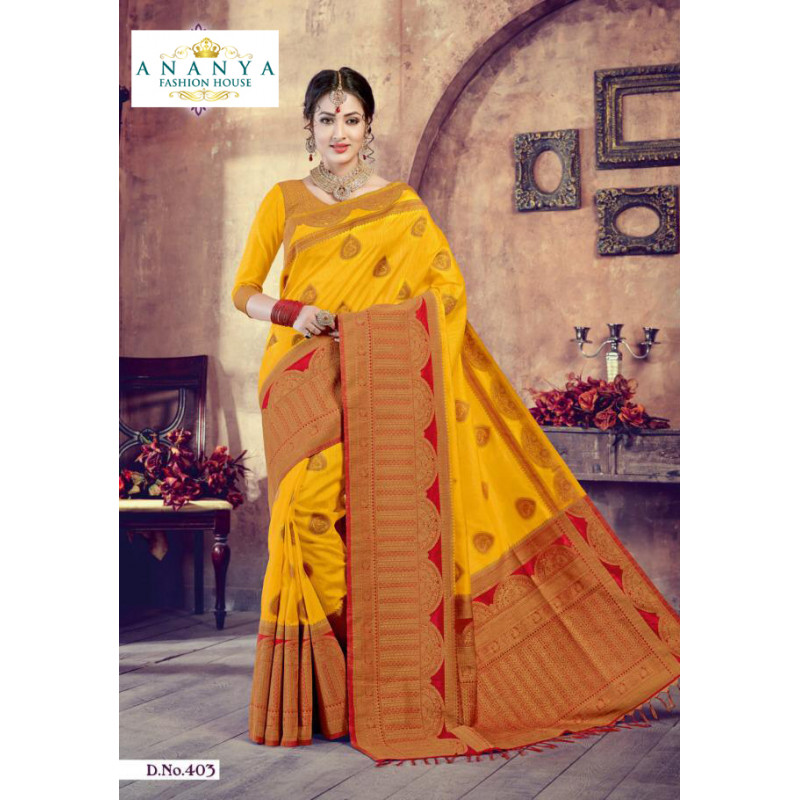 Trendy Yellow- Red Silk Saree with Yellow Blouse