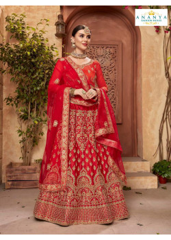 Flamboyant Red - Gold color Satin Silk Designer Lehenga