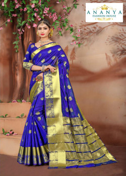 Plushy Dark Blue Cotton Silk Saree with Dark Blue Blouse