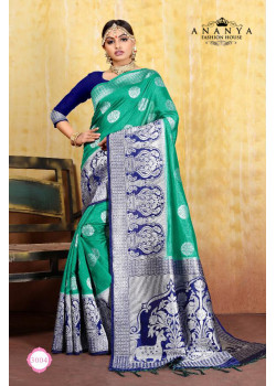 Adorable Rama Green Cotton- Jacquard Saree with Dark Blue Blouse