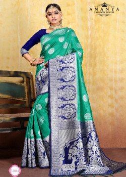 Adorable Rama Green Cotton- Jacquard Saree with Dark Blue Blouse
