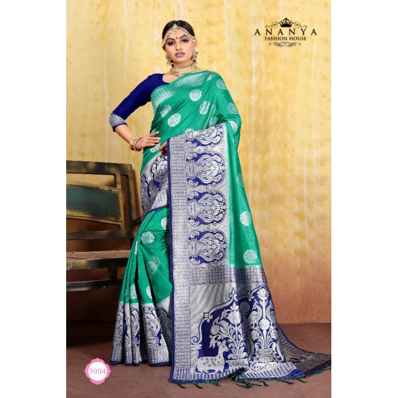 Adorable Rama Green Cotton- Jacquard Saree with Dark Blue Blouse