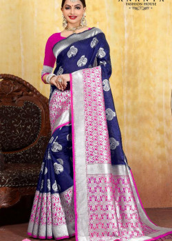 Classic Blue Cotton- Jacquard Saree with Magenta Blouse