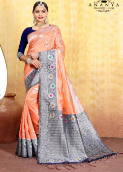 Dazzling Peach Cotton- Jacquard Saree with Dark Blue Blouse