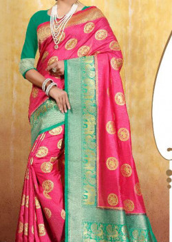 Divine Pink Cotton- Jacquard Saree with Rama Green Blouse