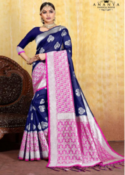 Exotic Blue Cotton- Jacquard Saree with Dark Blue Blouse