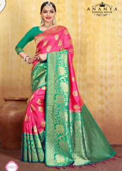 Flamboyant Magenta Cotton- Jacquard Saree with Green Blouse