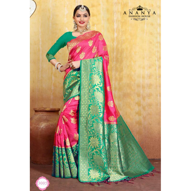 Flamboyant Magenta Cotton- Jacquard Saree with Green Blouse
