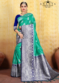 Melodic Rama Green Cotton- Jacquard Saree with Dark Blue Blouse