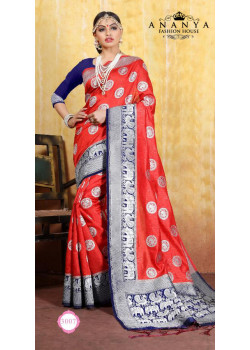 Trendy Red Cotton- Jacquard Saree with Dark Blue Blouse