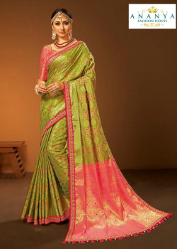 Adorable Light Green- Pink Silk Saree with Pink Blouse