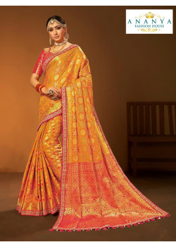 Classic Yellow- Orange Silk Saree with Magenta Blouse