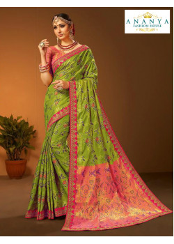 Enigmatic Green- Pink Silk Saree with Pink Blouse