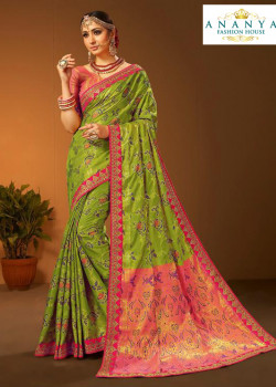 Enigmatic Green- Pink Silk Saree with Pink Blouse