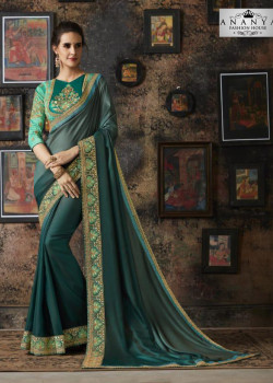 Divine Dark Green Georgette Silk Saree with Blue Blouse