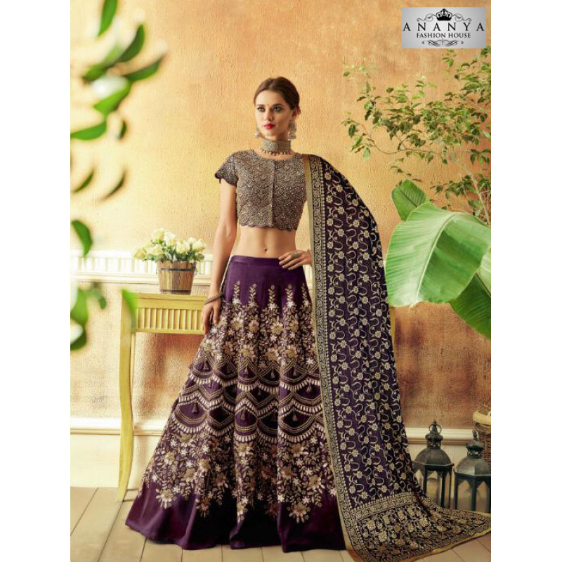 Classic Dark Purple color Jacquard Silk Designer Lehenga