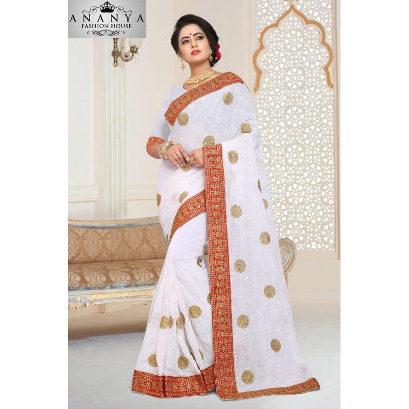 Enigmatic Whiite Georgette   Saree with Whiite Blouse