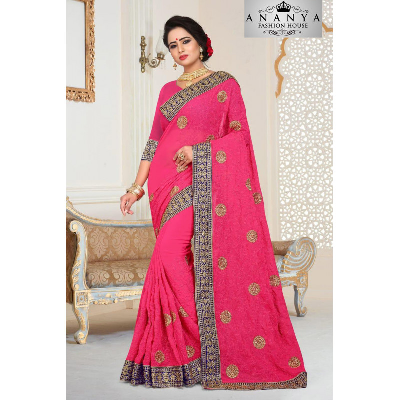 Flamboyant Pink Georgette   Saree with Pink Blouse