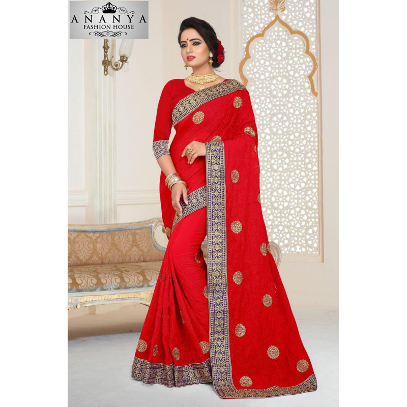 Plushy Red Georgette   Saree with Red Blouse