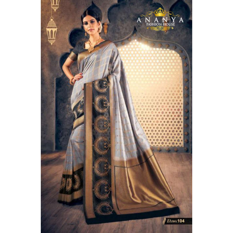Charming Grey Silk Saree with Black Blouse