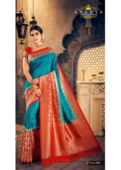 Melodic Blue- Red Silk Saree with Red Blouse