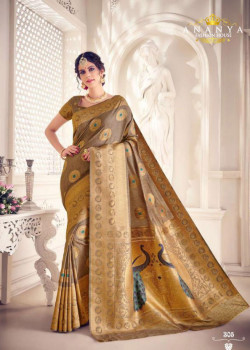 Flamboyant Gold Silk Saree with Brown Blouse